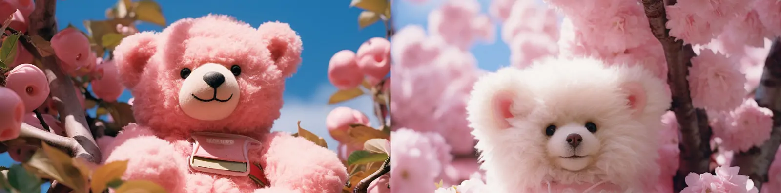 粉色浪漫毛绒玩具泰迪熊樱花树枝电商广告摄影海报拍摄Midjourney关键词咒语