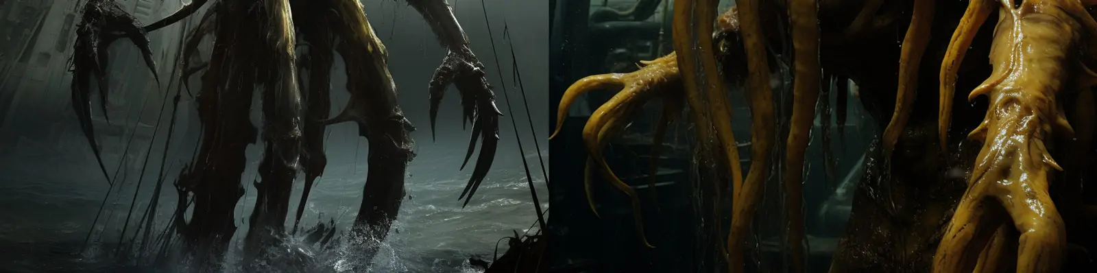 未来主义科幻电影海洋黄色生化服水手怪物模型空间场景海报Midjourney关键词咒语分享