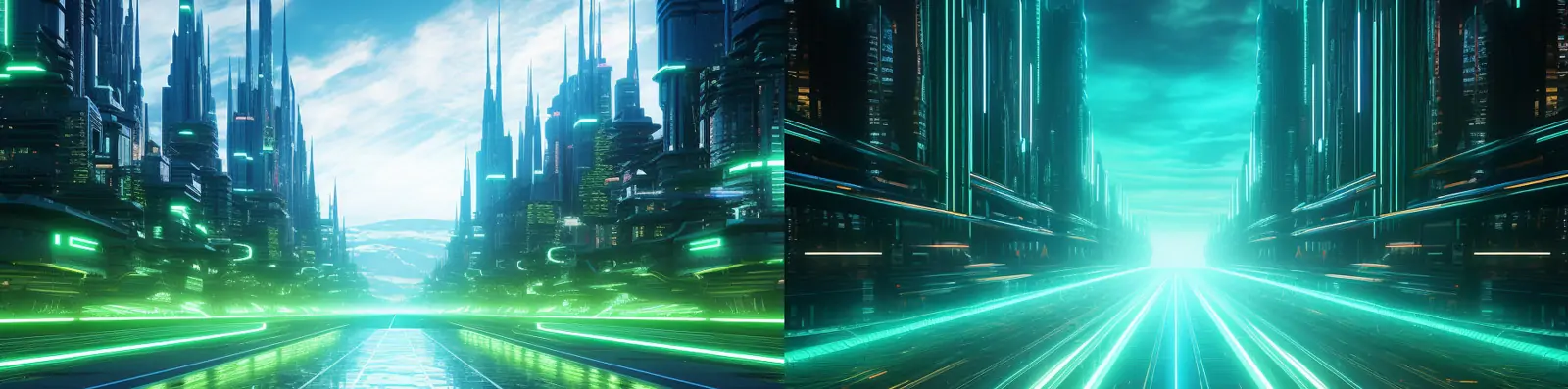 未来主义科幻风格蓝色绿色光效霓虹灯宇宙立体空间海报背景Midjourney关键词咒语