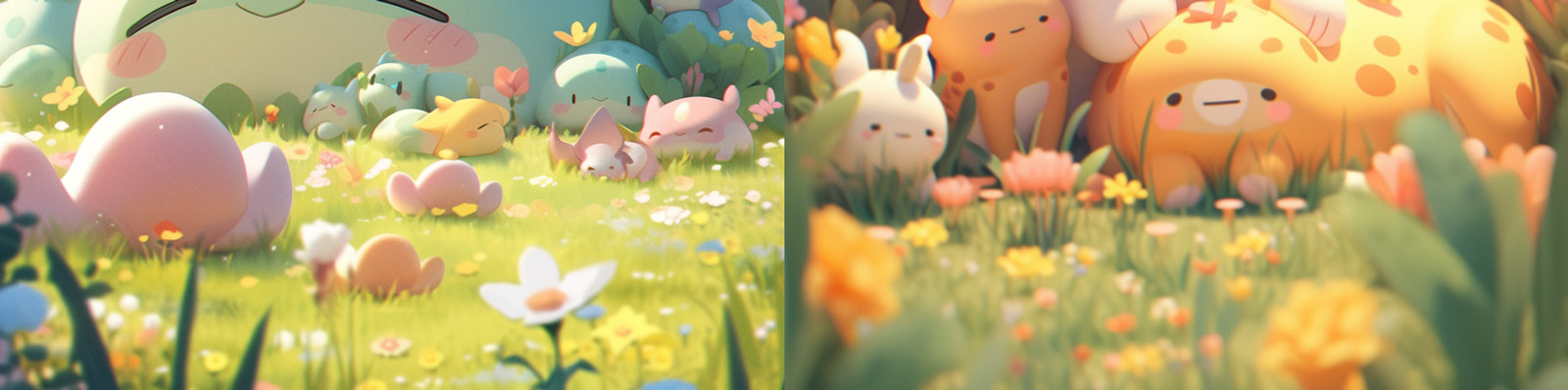 可爱卡通绿色田野玩具卡哇伊动物精灵美学梦幻动画电影场景Midjourney关键词咒语