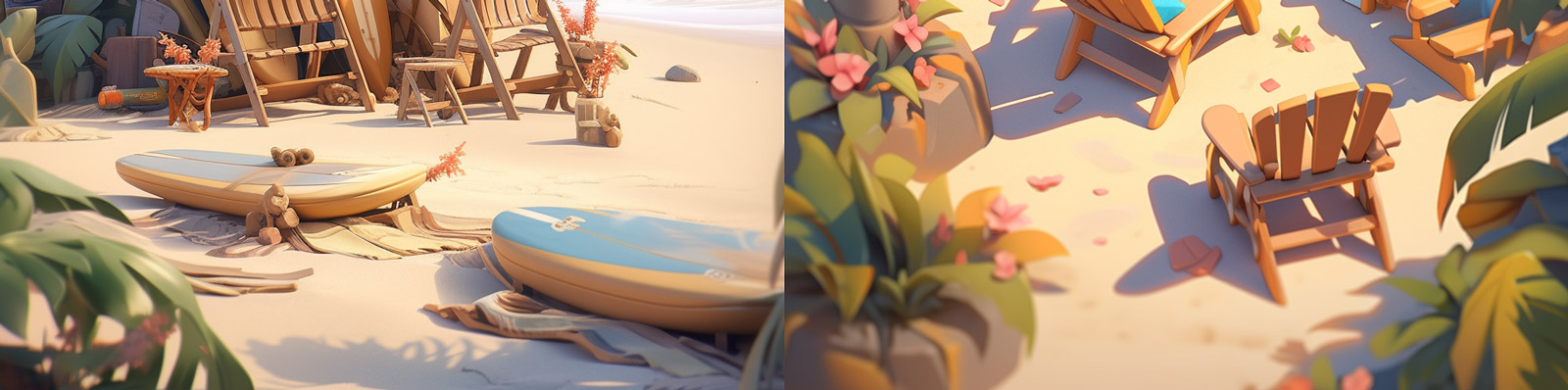 超现实主义蓝色大海沙滩躺椅冲浪板椰子树粘土Midjourney关键词咒语分享