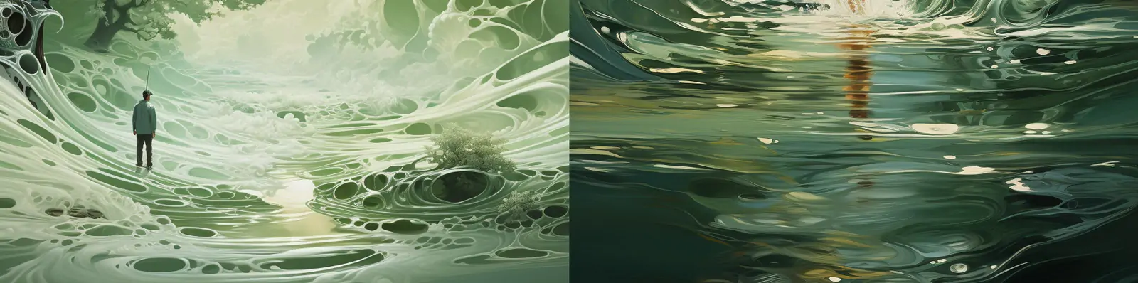 手绘梦幻绿色大海波浪人物背影风景画艺术插图海报Midjourney关键词咒语分享