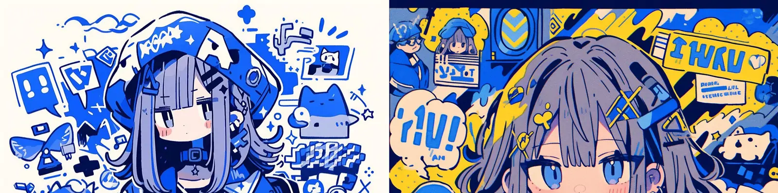 手绘蓝色克莱因蓝动漫卡通可爱女孩涂鸦风格混乱图案表情插图海报Midjourney关键词咒语