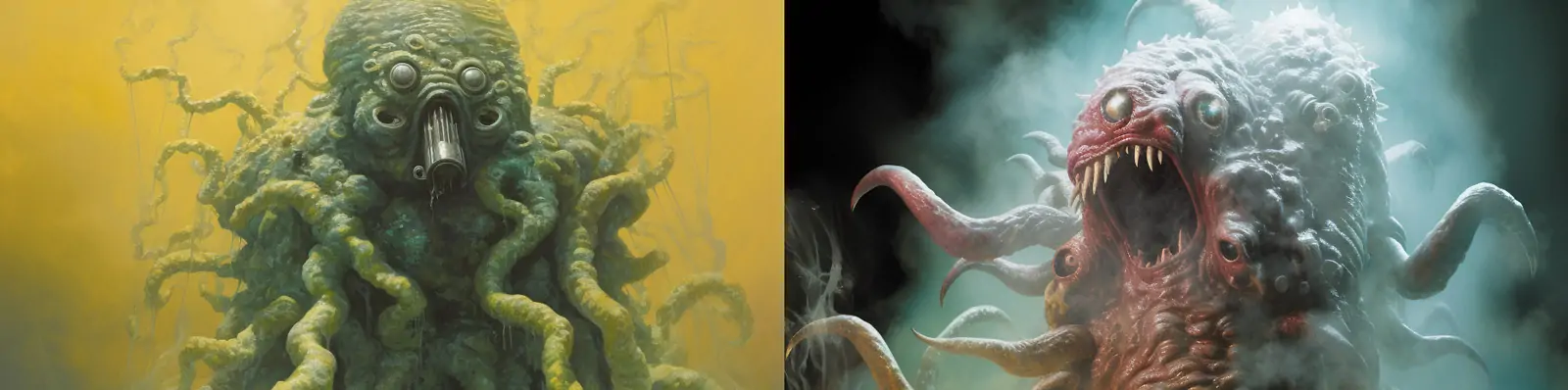 未来主义海洋防护服科学家对抗核辐射变异生物怪物场景电影海报Midjourney关键词咒语