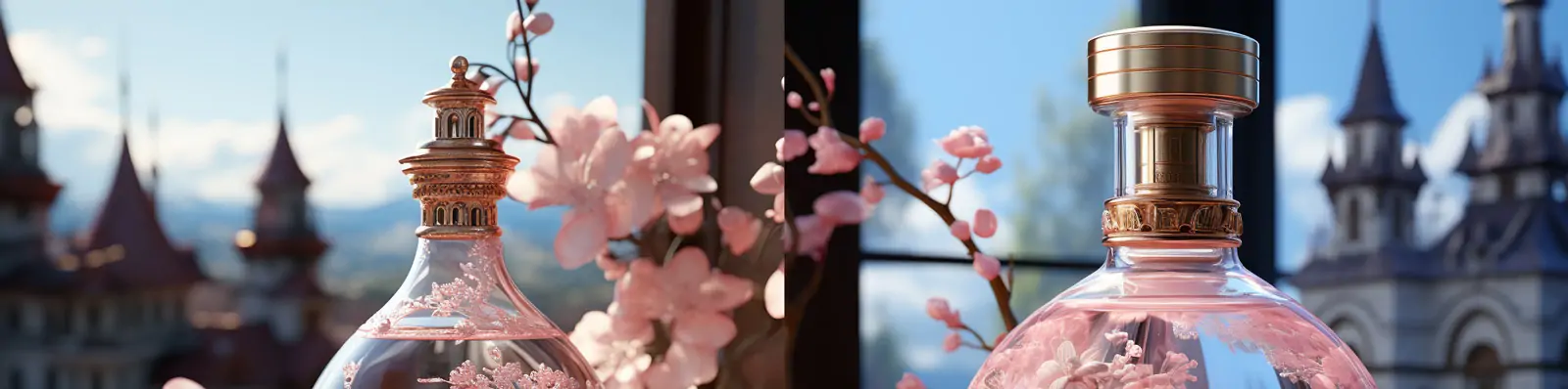 创意粉色樱花桃花玻璃瓶梦幻童话城堡建筑合成海报Midjourney关键词咒语分享