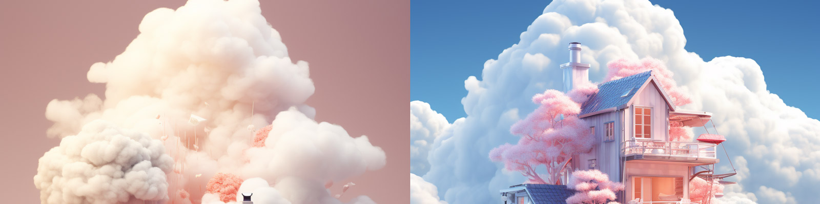 创意梦幻粉色云朵空中建筑阁楼房屋场景空间Midjourney关键词咒语