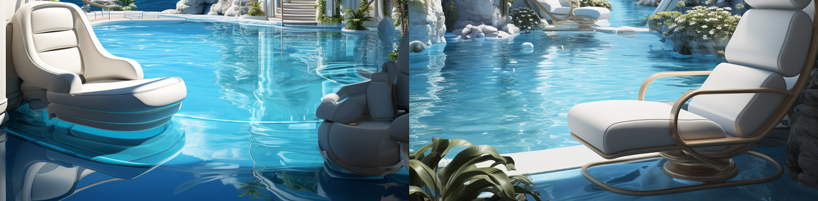 复古未来主义热带酒店游泳池蓝色大海景观Midjourney关键词咒语分享