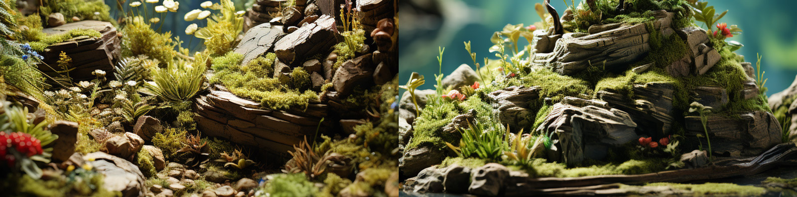 创意自然绿色植物森林岩石树木微景观模型背景Midjourney关键词咒语