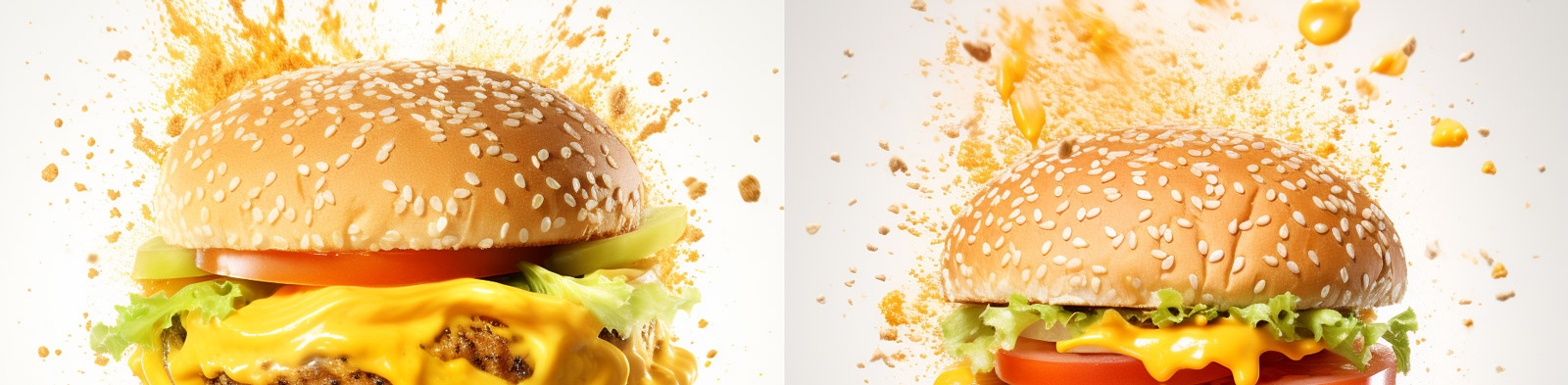 创意黄色芝士汉堡爆炸效果广告摄影海报Midjourney关键词咒语分享