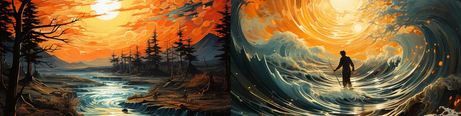 手绘艺术星迹波浪日出夕阳自然美景人物探险梵高油画插图海报Midjourney关键词咒语分享