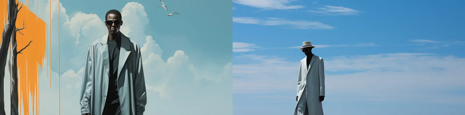 时尚潮流未来主义男人海滩服装秀行为艺术摄影写真海报封面Midjourney关键词咒语分享