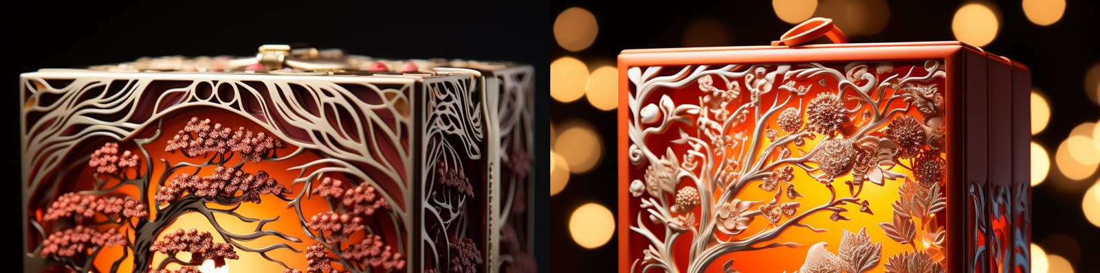 中国风立体剪纸雕花包装盒花纹图案光效摄影海报Midjourney关键词咒语