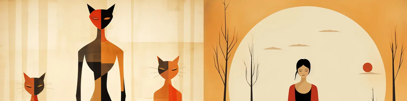 手绘极简主义卡通线条美丽女孩猫咪几何形状艺术插图绘画Midjourney关键词咒语分享