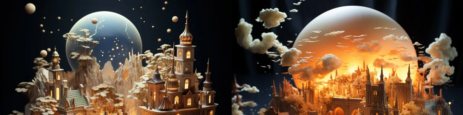 创意剪纸艺术鲜花植物建筑阁楼城堡月亮立体雕塑摆件模型Midjourney关键词咒语