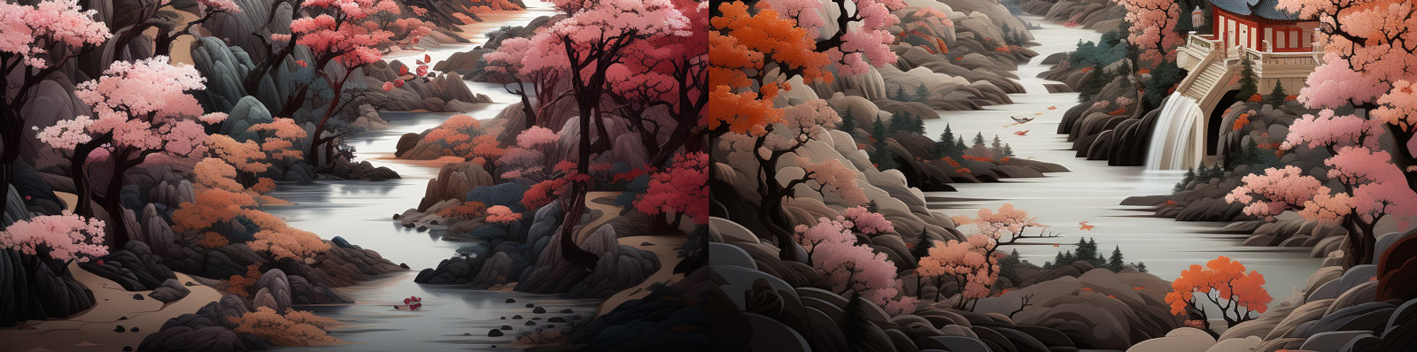 传统中国风山水建筑绚丽卷轴风景画Midjourney关键词咒语分享