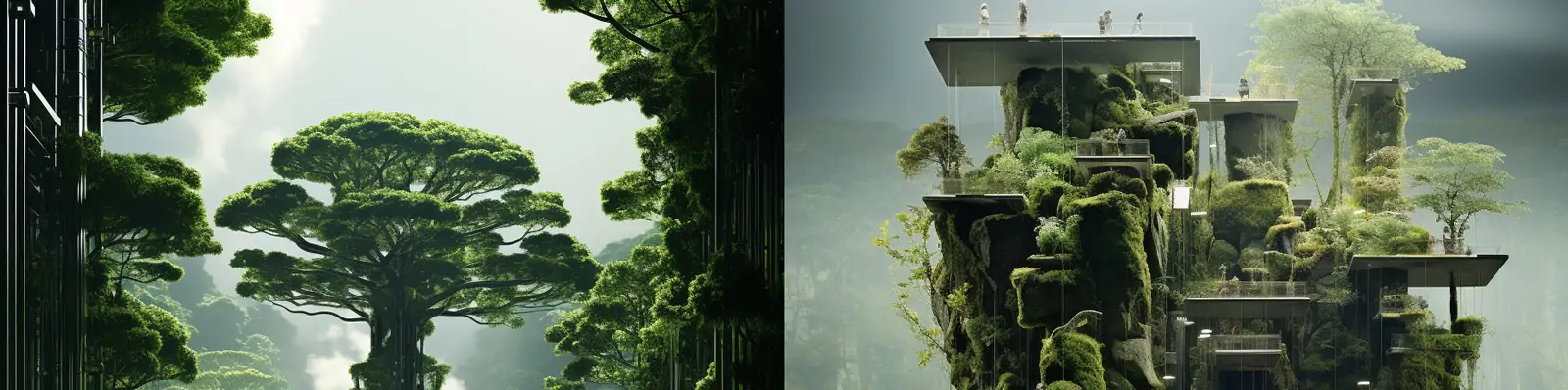 创意未来主义生物工程绿色树木种植逼真立体建筑场景海报Midjourney关键词咒语分享