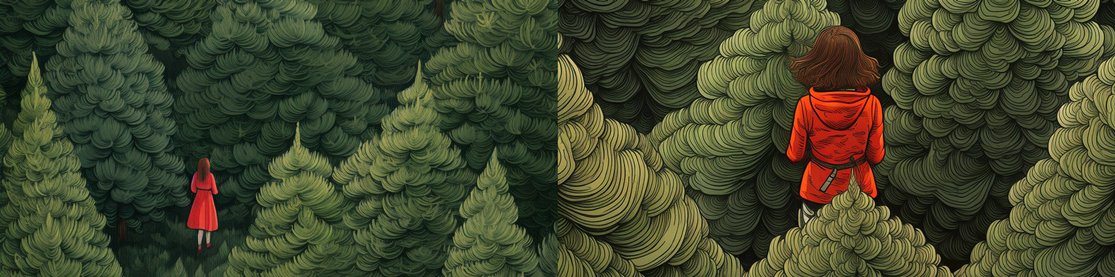 绿色自然森林树木景观女孩背影鸟瞰图Midjourney关键词咒语分享