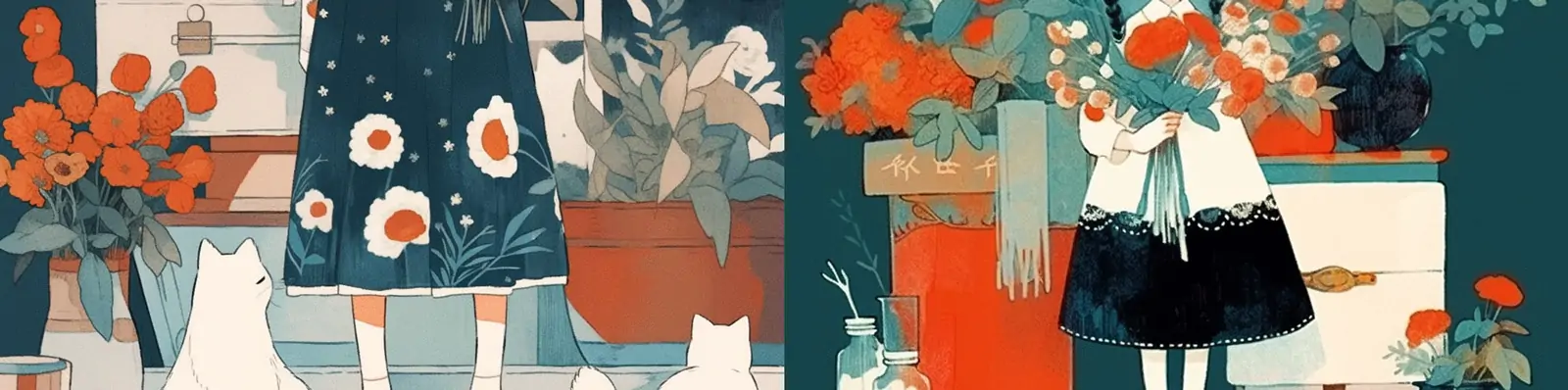 手绘可爱卡通女孩鲜花盆栽植物花店场景艺术插图绘画Midjourney关键词咒语分享