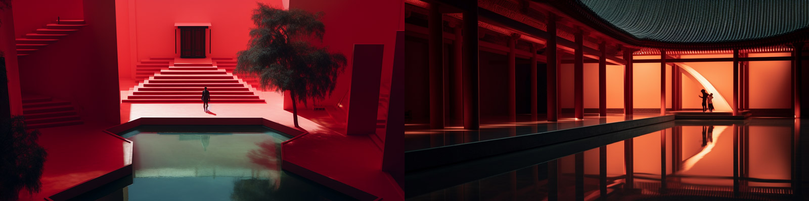 时尚现代红色建筑光影空间电影镜头摄影海报Midjourney关键词咒语分享