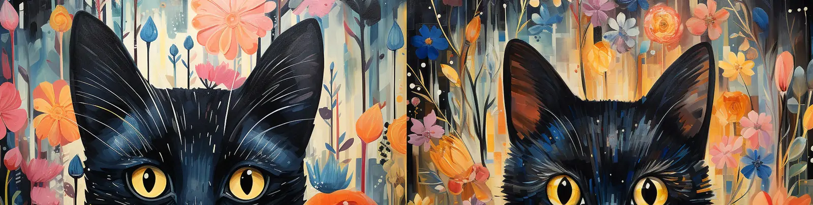 可爱卡通黑色猫咪鲜花植物图案插图海报背景Midjourney关键词咒语分享