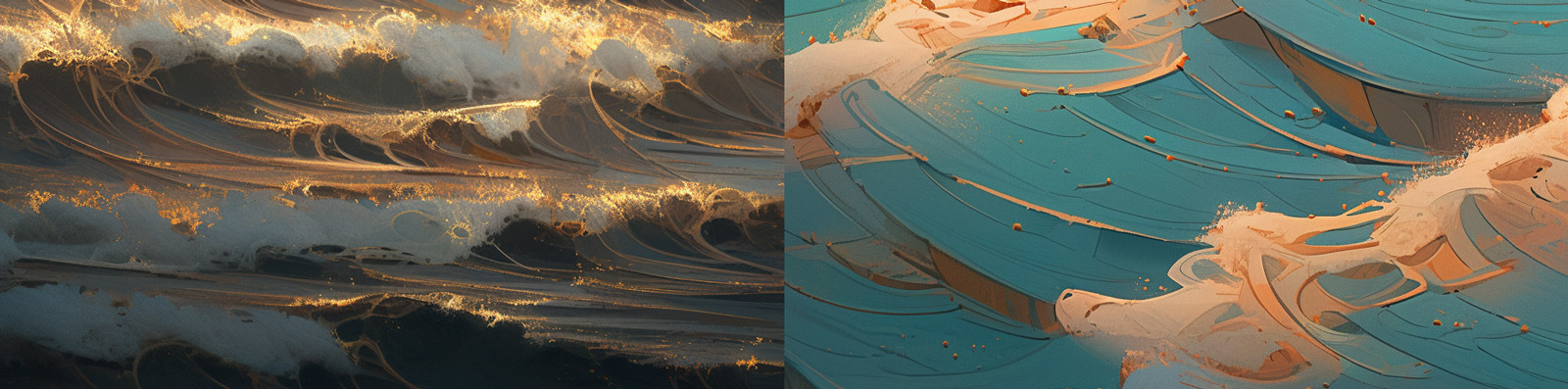 超现实主义海浪金色发光波浪自然抽象艺术浪漫海报背景Midjourney关键词咒语分享