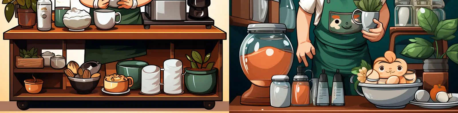 手绘动漫可爱卡通男孩咖啡师煮咖啡工作场景插图Midjourney关键词咒语