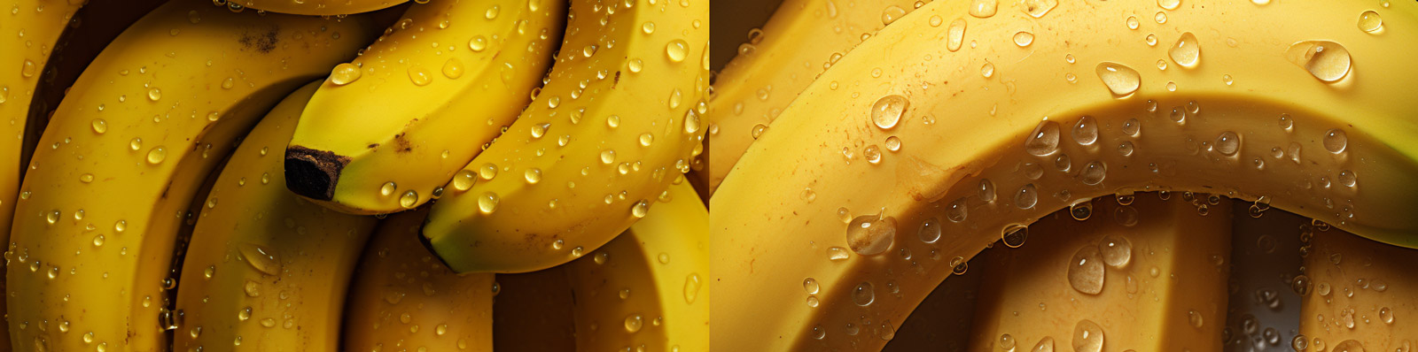 新鲜香蕉水果透明水滴美食杂志封面摄影广告无缝图案海报背景Midjourney关键词咒语分享