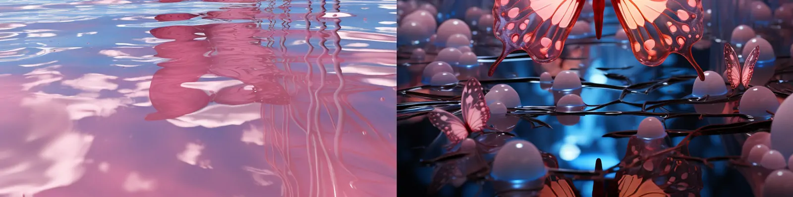 超现实主义蓝天白云梦幻蝴蝶水面倒影艺术摄影海报Midjourney关键词咒语分享