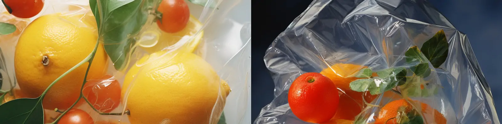 创意透明塑料袋蔬菜水果保鲜真空包装场景广告摄影海报Midjourney关键词咒语