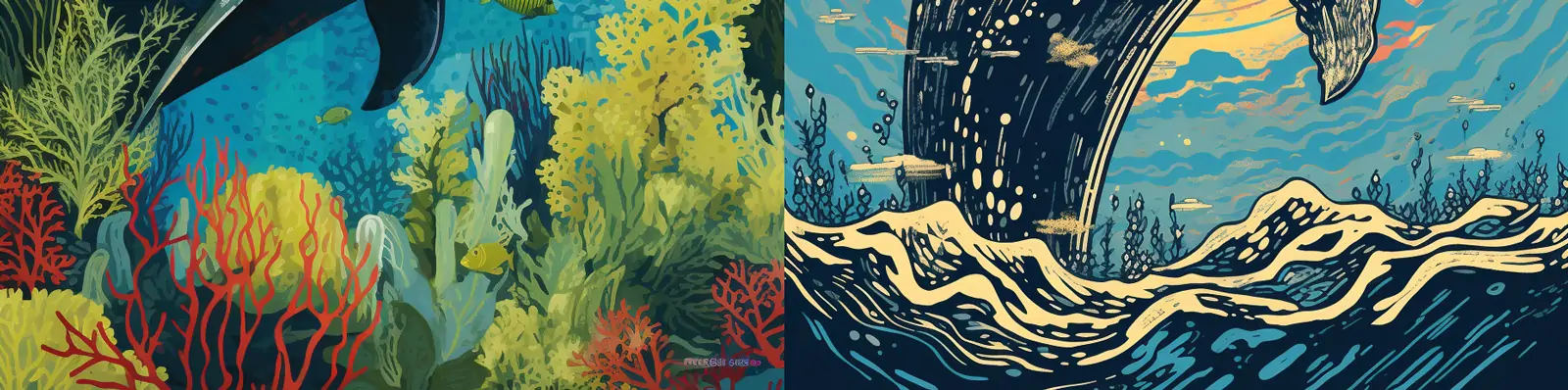 手绘海洋生物鲸鱼蓝鲸鱼类游泳图案美术场景插图Midjourney关键词咒语分享