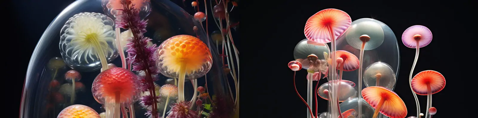 创意未来主义透明玻璃蘑菇水母艺术逼真植物特写工艺品雕塑模型Midjourney关键词咒语分享