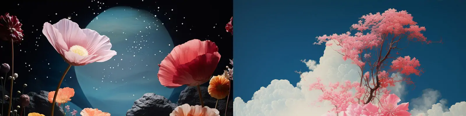 超现实主义天空梦幻空灵鲜花植物水中倒影绘画艺术海报Midjourney关键词咒语分享