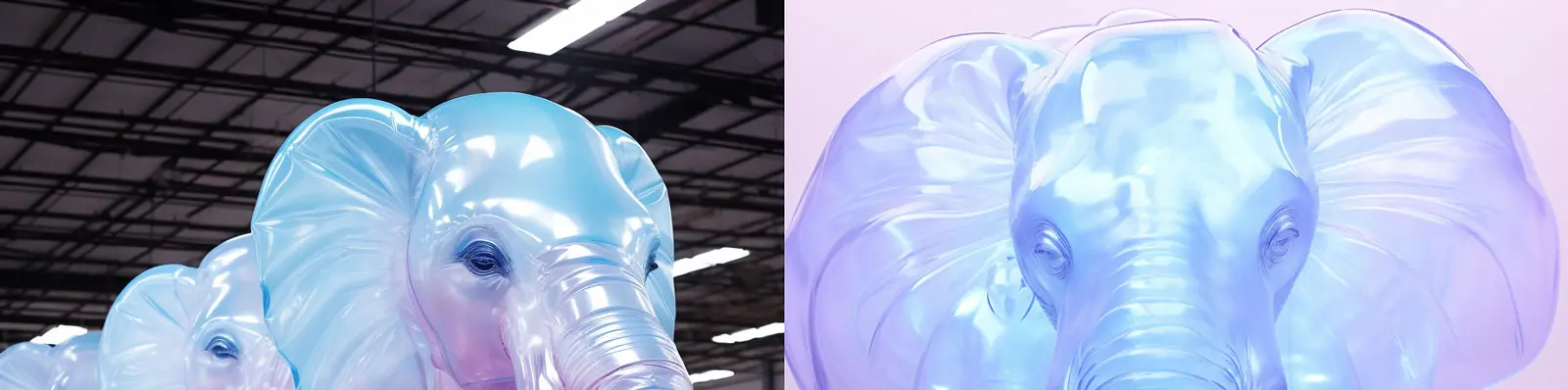 创意紫色渐变塑料充气大象气球庞大立体概念艺术模型设计Midjourney关键词咒语