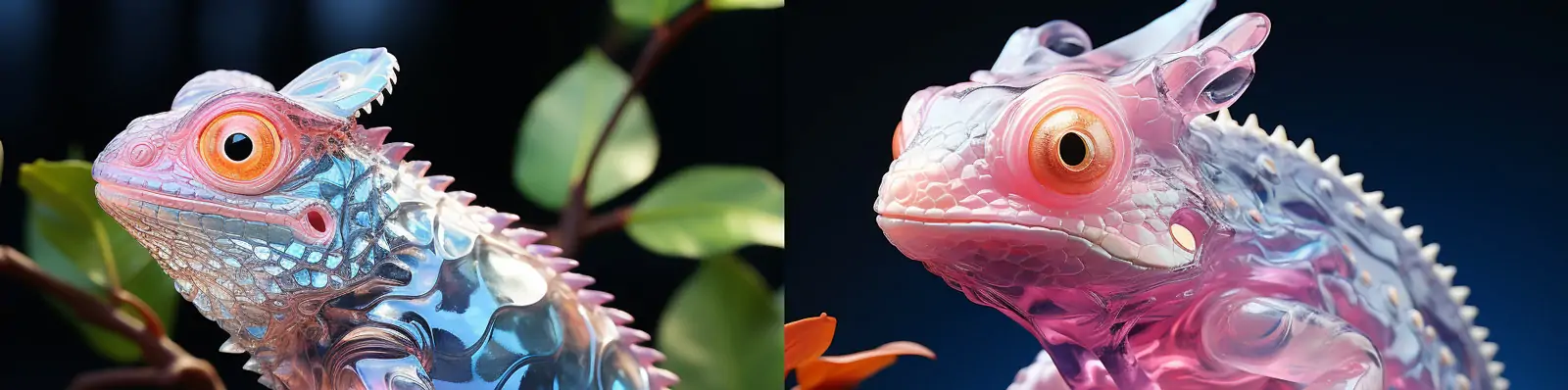 创意逼真流行未来主义透明塑料玻璃变色龙动物艺术雕塑模型Midjourney关键词咒语