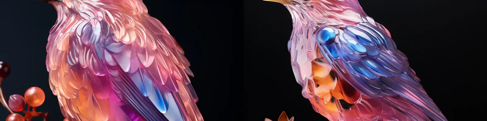 创意未来主义彩色逼真透明塑料玻璃鸟类树枝动物艺术雕塑模型Midjourney关键词咒语