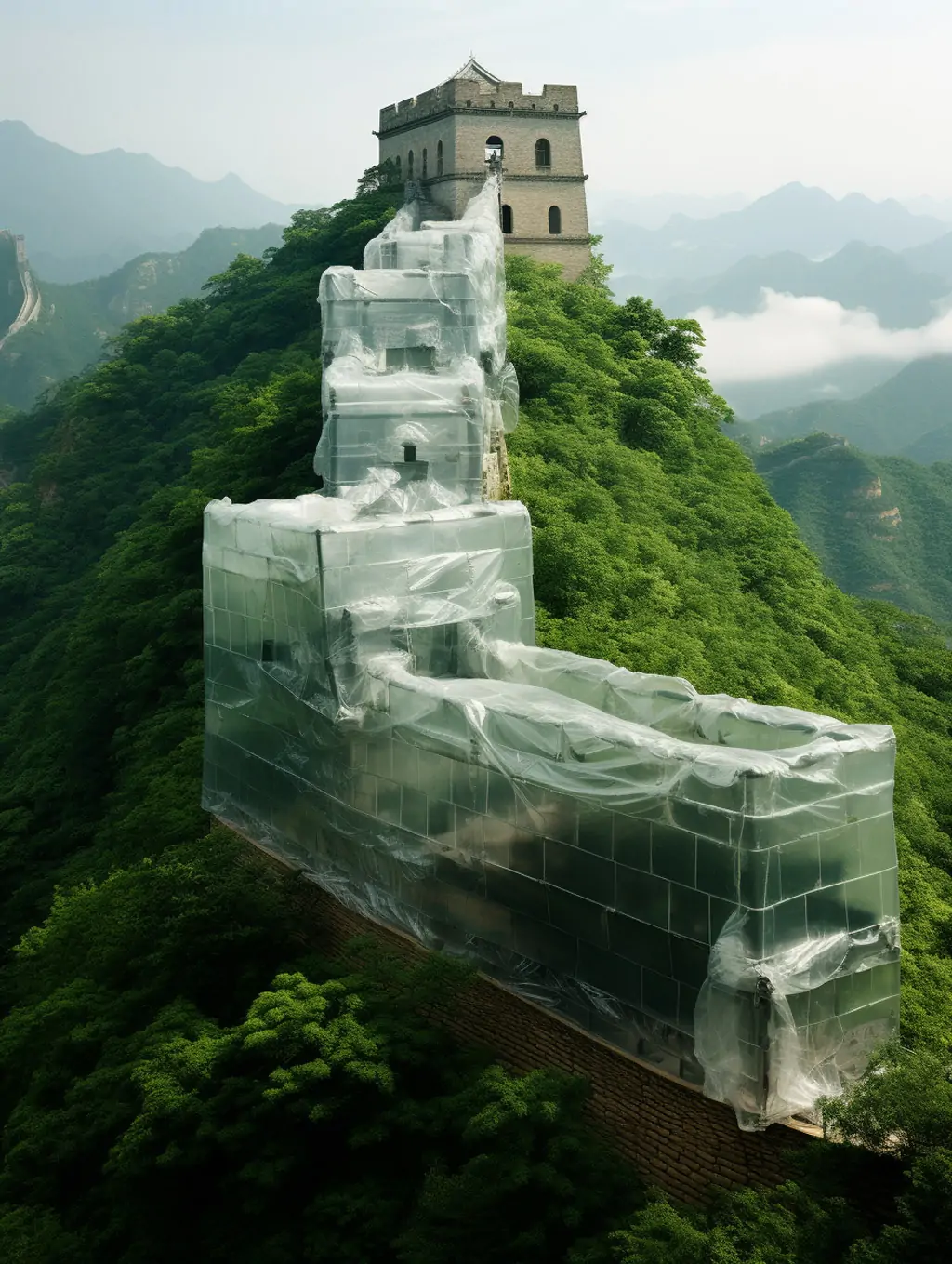 创意超现实主义中国长城塑料保鲜膜充气包裹俯视图艺术摄影海报Midjourney关键词咒语