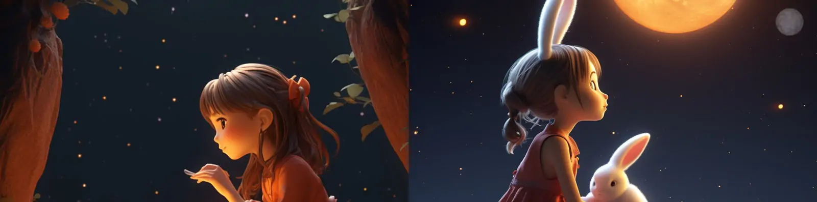 中国风可爱卡通女孩中秋节月亮灯笼兔子动画电影场景插图海报Midjourney关键词咒语分享