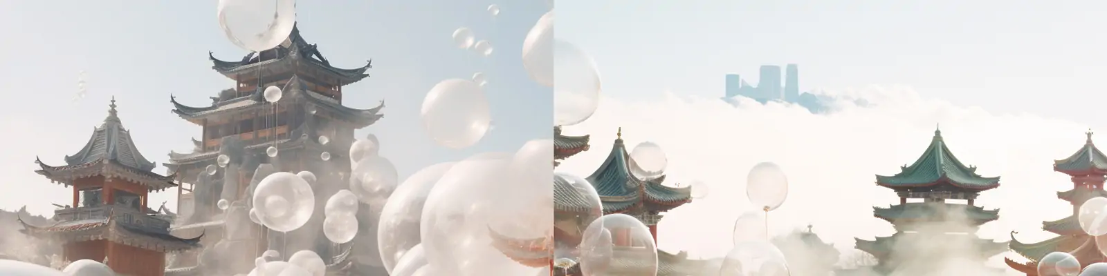 超现实梦幻天堂中国建筑阁楼透明气球云雾缭绕科幻场景海报Midjourney关键词咒语