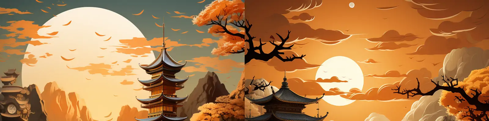 中国风山水风景中秋节月亮园林景观建筑阁楼艺术插图绘画midjourney关键词咒语分享