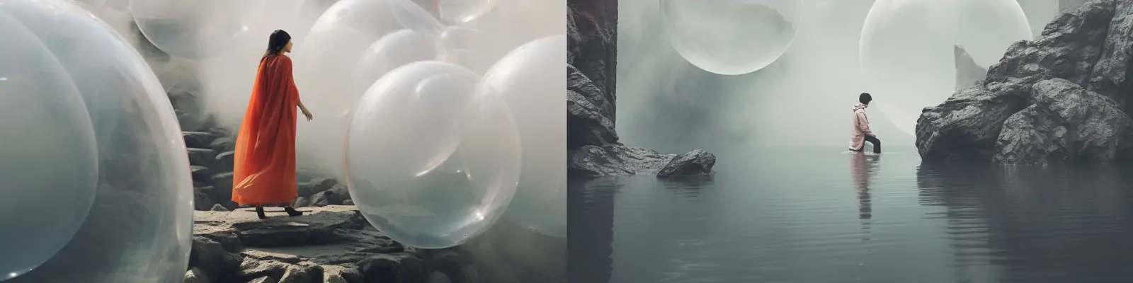 超现实中国风梦幻天堂中国建筑阁楼透明气球仙侠科幻场景海报Midjourney关键词咒语