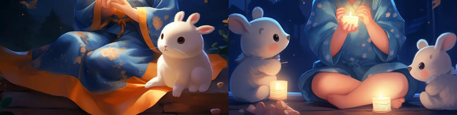 手绘卡通古典汉服女孩中秋节玉兔月亮迪士尼皮克斯人物插图海报midjourney关键词咒语分享