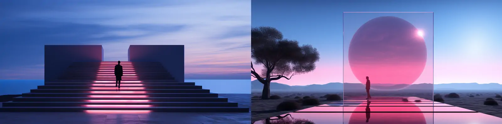 创意蓝色商务建筑楼梯自然风景光线科技艺术空间海报背景midjourney关键词咒语