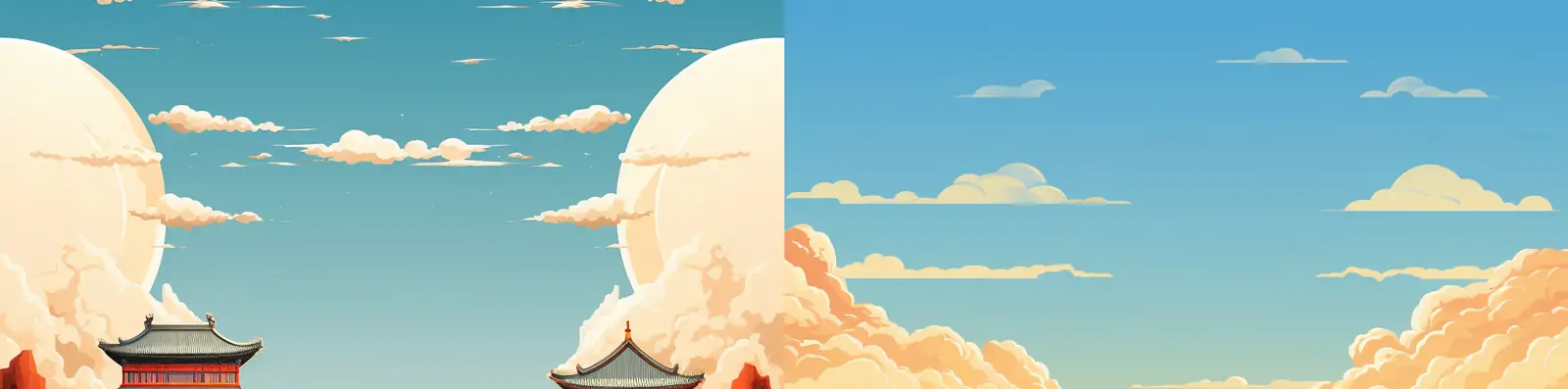 中国风复古未来主义宫殿皇宫阁楼建筑蓝天白云插图绘画海报midjourney关键词咒语分享