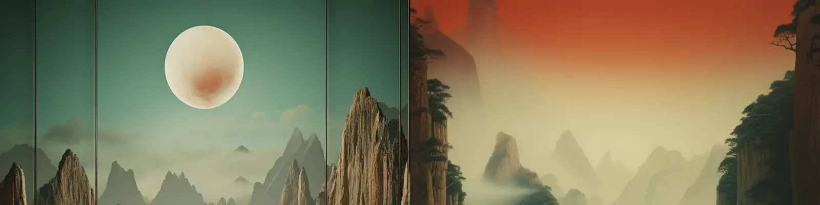 创意复古中国风禅意山水风景画壁纸沙发桌椅空间电商产品海报Midjourney关键词咒语分享