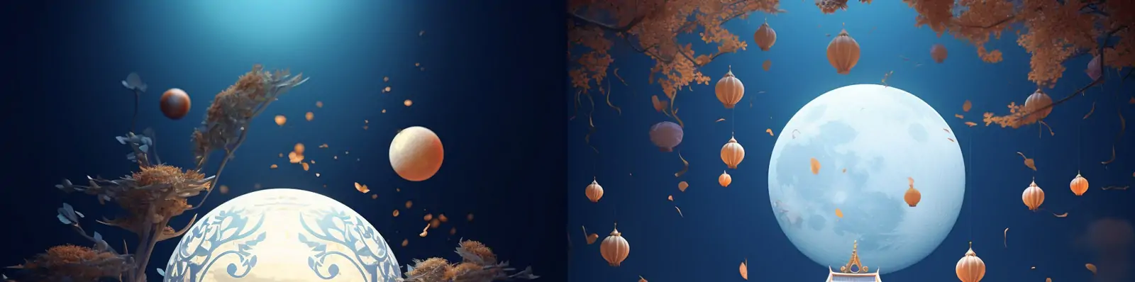 中国风蓝色中秋节玉兔月亮立体花纹图案建筑阁楼景观电商广告海报Midjourney关键词咒语分享