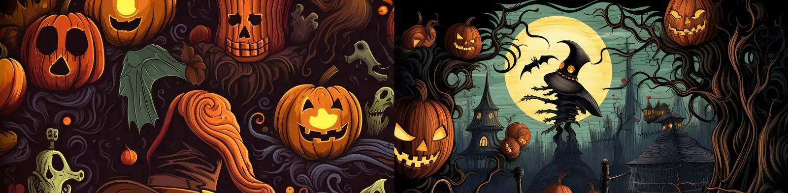 手绘万圣节元素南瓜灯幽灵怪兽神秘无缝图案矢量图形背景midjourney关键词咒语