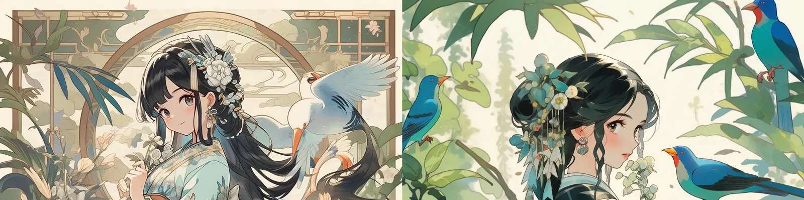 手绘复古中国风古典动漫卡通人物女孩鸟语花香漫画插图海报midjourney关键词咒语分享