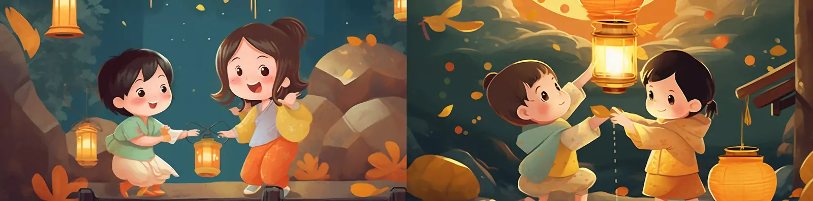 手绘中国风节日庆祝灯笼中秋节月亮祈福儿童玩耍场景插图海报Midjourney关键词咒语分享