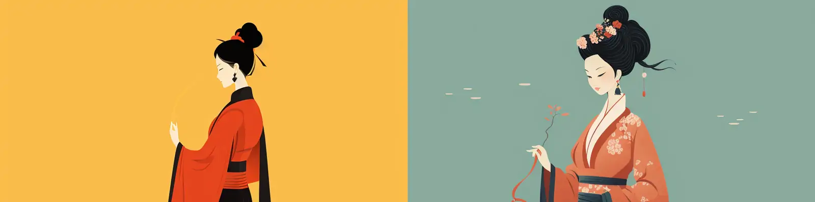 手绘极简主义中国唐代古典主义美女人物艺术插图绘画海报Midjourney关键词咒语分享