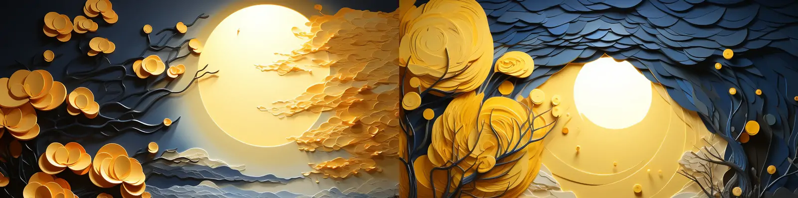 创意3D立体金色田野树木月亮河流景观现实主义艺术羽毛笔风景画midjourney关键词咒语分享